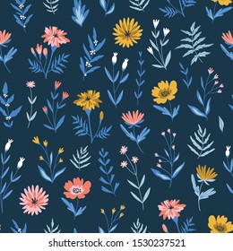 Vector hand-drawn seamless floral print for day of the dead. Marigolds and other plants. Fabric pattern design. Flowers on the dark blue background.