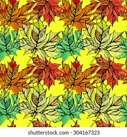 Vector hand-drawn seamless herbal pattern with colorful autumn maple leaves in sketch style