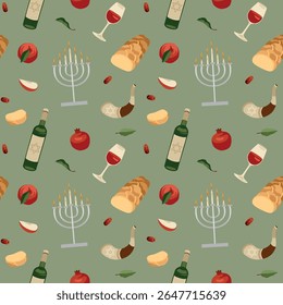 Vector hand-drawn seamless pattern about Jewish New Year (Rosh Hashanah) with traditional festive food: challah, apple, pomegranate, honey and menorah and shofar. Jewish High Holidays collection