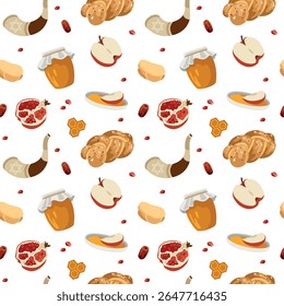Vector hand-drawn seamless pattern about Jewish New Year (Rosh Hashanah) with traditional festive food: challah, apple, pomegranate, honey and shofar. Jewish High Holidays collection