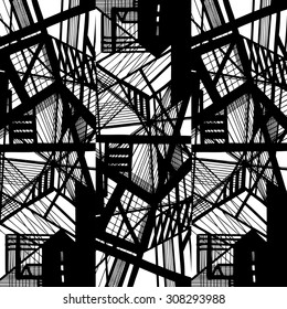 Vector hand-drawn seamless pattern with abstract urban ornament. Constructions. Abstract Background.