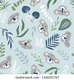 Vector hand-drawn seamless pattern with animals. Repeating background. Koala.