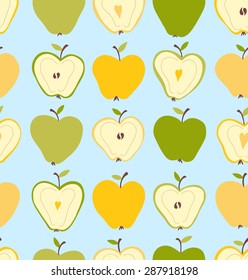 Vector hand-drawn seamless pattern with apples, hearts. Colorful background 