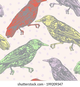 Vector hand-drawn seamless pattern with birds.