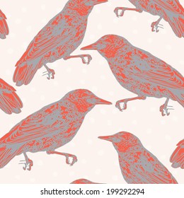 Vector hand-drawn seamless pattern with birds.