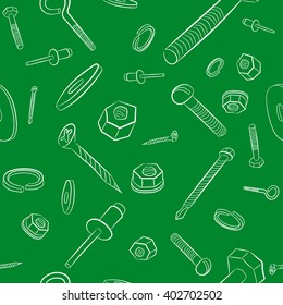 Vector handdrawn seamless pattern with bolt, nut, washer, screw.