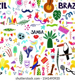 Vector hand-drawn seamless pattern. Carnival attributes, tropical leaves, musical instruments and abstract doodle elements. Template for travel cards, routes, textiles, flyers, posters and banners.