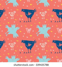 Vector hand-drawn seamless pattern with chicken in a village. Farm animal.