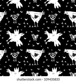 Vector hand-drawn seamless pattern with chicken in a village. Farm animal.