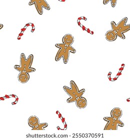 Vector hand-drawn seamless pattern with Christmas sweet symbols. Gingerbread man and candy canes. Endless texture.