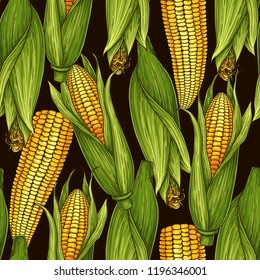 Vector hand-drawn seamless pattern with corn cobs. Natural vegetables background for textiles, banner, wrapping paper and other and designs. Vector illustration.