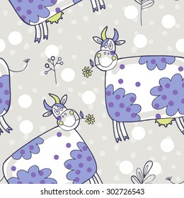 Vector hand-drawn seamless pattern with cow in a village