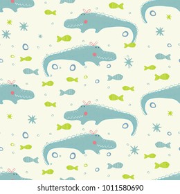 vector hand-drawn  seamless pattern with cute cartoon  crocodile. african animal.can be used for kid's or baby's shirt design,fashion print design,fashion graphic,t-shirt,kids wear