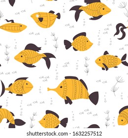 Vector hand-drawn seamless pattern with cute fish. Marine animals color background.