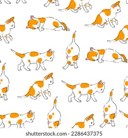 Vector hand-drawn seamless pattern with cute kittens isolated on a white background. Endless texture with small spotted cats in sketch style.
