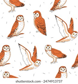 Vector hand-drawn seamless pattern with cute owls isolated on white background.  Endless texture with wild birds in sketch style.
