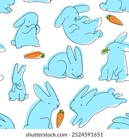 Vector hand-drawn seamless pattern with cute bunnies with carrot. Endless texture with funny rabbits isolated on white.