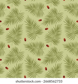 Vector hand-drawn seamless pattern with dates and green palm leaves