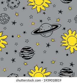 Vector hand-drawn, seamless pattern. Drawing of the sun, planets, stars is suitable for packaging paper, fabric, decorative background on the theme of space.