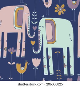 Vector hand-drawn seamless pattern with elephant, flowers and bird