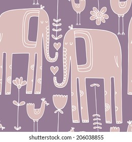 Vector hand-drawn seamless pattern with elephant, flowers and bird