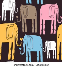 Vector hand-drawn seamless pattern with elephant