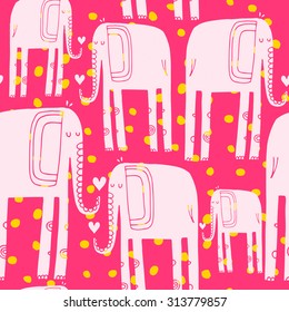 Vector hand-drawn seamless pattern with elephants