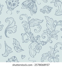 Vector hand-drawn seamless pattern featuring decorative floral elements and insects with skull motifs on a light blue background, suitable for wrapping paper, wallpapers, and fabric