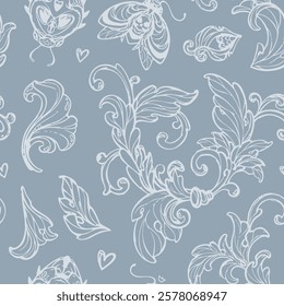 Vector hand-drawn seamless pattern featuring decorative floral elements and insects with skull motifs on a blue background, suitable for wrapping paper, wallpapers, and fabric