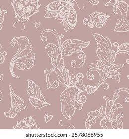 Vector hand-drawn seamless pattern featuring decorative floral elements and insects with skull motifs on a light brown background, suitable for wrapping paper, wallpapers, and fabric