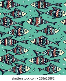 Vector hand-drawn seamless pattern with fishes. 