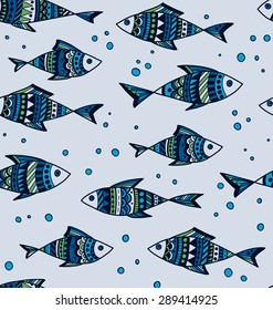 Vector hand-drawn seamless pattern with fishes. 