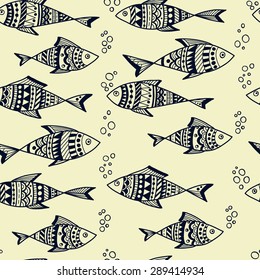 Vector hand-drawn seamless pattern with fishes. 
