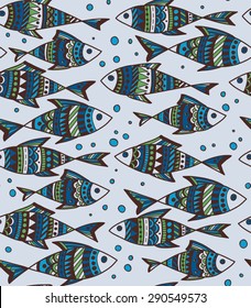 Vector hand-drawn seamless pattern with fishes. 