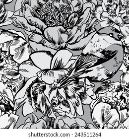Vector hand-drawn seamless pattern with flower, wedding style