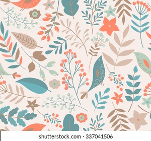 Vector hand-drawn seamless pattern with flowers, leaves, berries, birds. Winter floral background