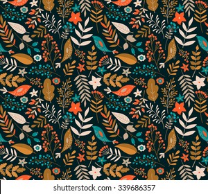 Vector hand-drawn seamless pattern with flowers, leaves, berries, birds. Winter floral background