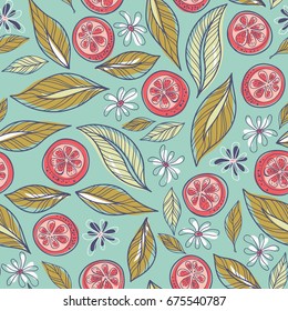 Vector hand-drawn seamless pattern with flowers, leaves, oranges. Summer floral background