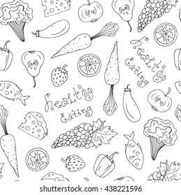 Vector hand-drawn seamless pattern healthy diet with fruits and vegetables. The phrase healthy eating. Isolated on white background