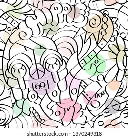 Vector handdrawn seamless pattern. Hippie theme. Doodle elements. Bright endless texture.