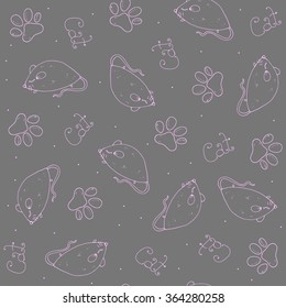 Vector hand-drawn seamless pattern. Inscription cat, a mouse, a trace of cat paws. Pink line on a gray background