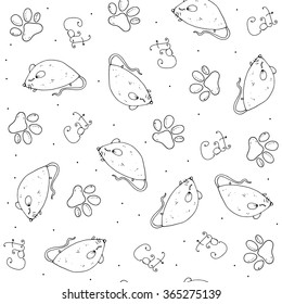 Vector hand-drawn seamless pattern. Inscription cat, a mouse, a trace of cat paws.  On a white background