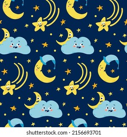 Vector hand-drawn seamless pattern for kids with cute moons and clouds in Scandinavian style. Baby pattern with night sky. Fabric design. Wallpaper. Kids room design