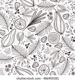 Vector hand-drawn seamless pattern with leaves, fruits, berries, seeds. Summer black and white floral background