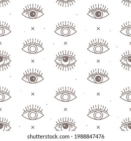 Vector hand-drawn seamless pattern, minimalistic style, boho ornament. Linear drawing, dots, and crosses. Abstract background with eye, engraving. Mysticism, alchemy symbols, magic. Print design
