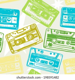 Vector hand-drawn seamless pattern with old audio cassete.