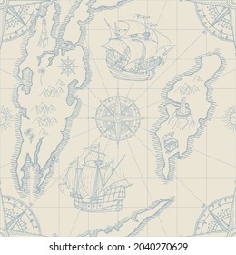 Vector hand-drawn seamless pattern on the theme of travel, adventure and discovery. Old map background with islands, pirate frigates, vintage sailing yachts and wind roses in retro style