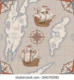 Vector hand-drawn seamless pattern on the theme of travel, adventure and discovery. Repeating background with old map, islands, pirate frigates, vintage sailing yachts and wind roses in retro style