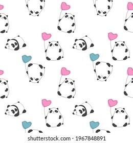 Vector hand-drawn seamless pattern with pandas. Pandas are flying in balloons. Children's wallpaper.