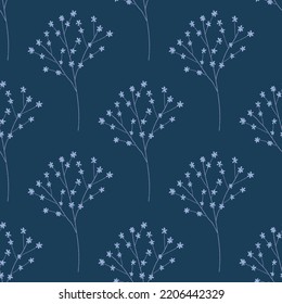 Vector hand-drawn seamless pattern with plants on a blue background. Texture for fabric, wallpaper, textile, apparel.